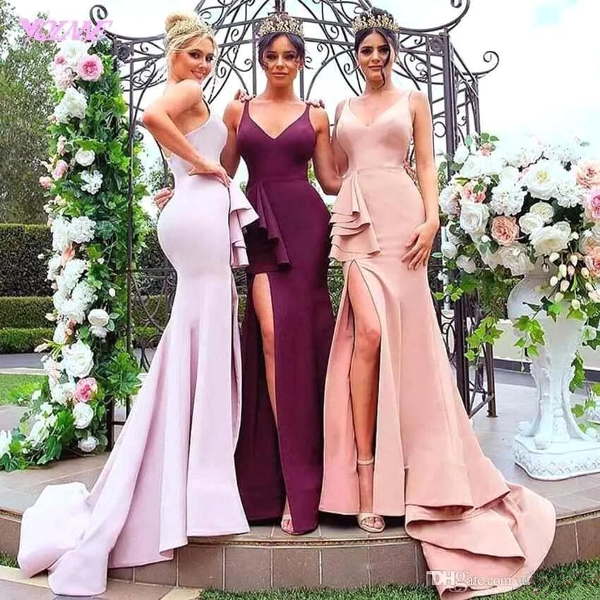 V Neck Satin Mermaid Long Bridesmaid Dresses Ruched Split Backless Prom Party Gowns Formal Evening Wedding Guest Dresses
V Neck Satin Mermaid Long Bridesmaid Dresses Ruched Split Backless Prom Party Gowns Formal Evening Wedding Guest Dresses