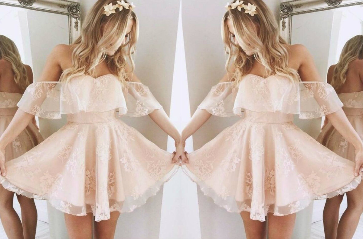 Lovely Off the Shoulder Homecoming Dresses Light Pink Lace Appliques Knee Length Short Prom Dress Party Wear Arabic Cocktail Gowns