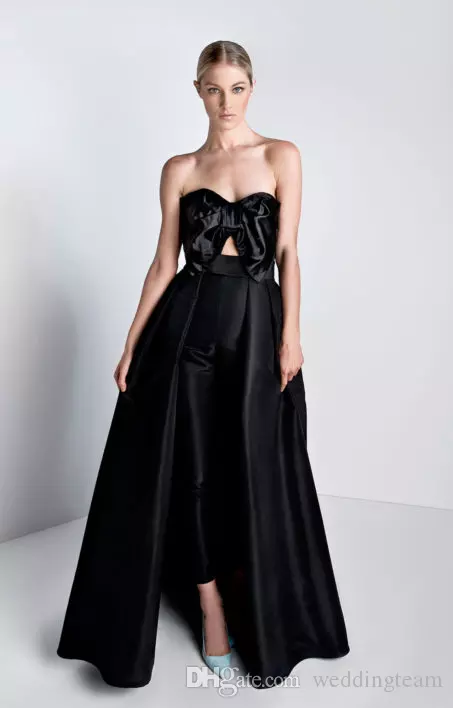 Elegant Black Jumpsuits Prom Dresses With Detachable Train Bow Strapless Neck Formal Evening Gowns Satin Overskirt Prom Dress Custom