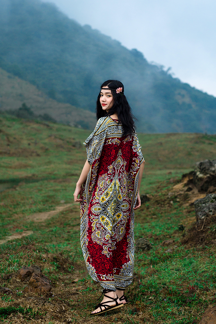 Thailand exotic style stamp Flower vacation long Dress loose large Retro art travel dress Boho Calico Floral Crochet print India Ethnic