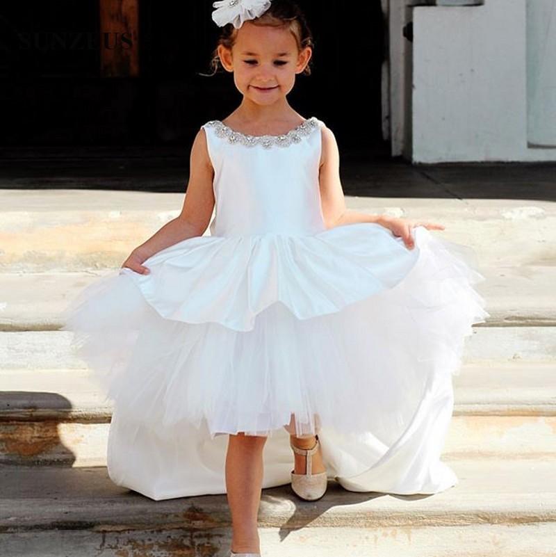 White Flower Girls Dresses For Weddings Jewel Neck High Low Tiered Tulle Beads Tutu Infant Birthday Party Dresses Custom Made Girls Pageant