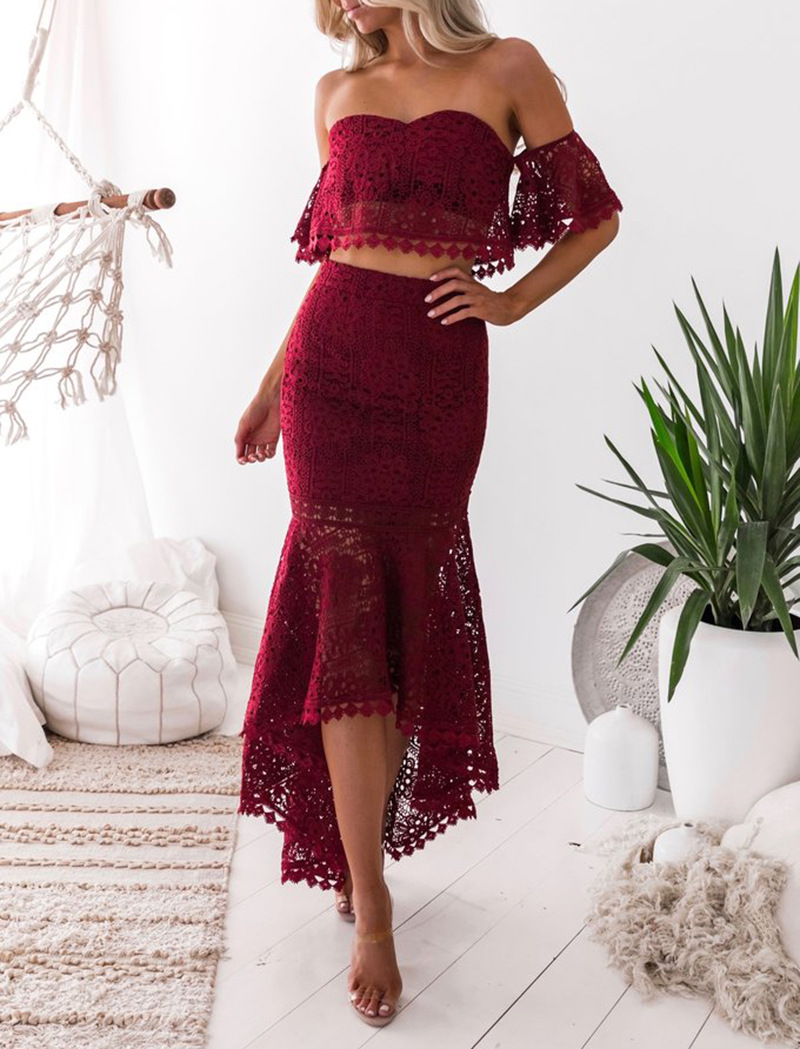 2018 Summer Fashion Two Piece Set Off Shoulder Lace Tops Mermaid Skirt Set Ruffles Lace Skirts Elegant Crop Tops 2 Piece Sets