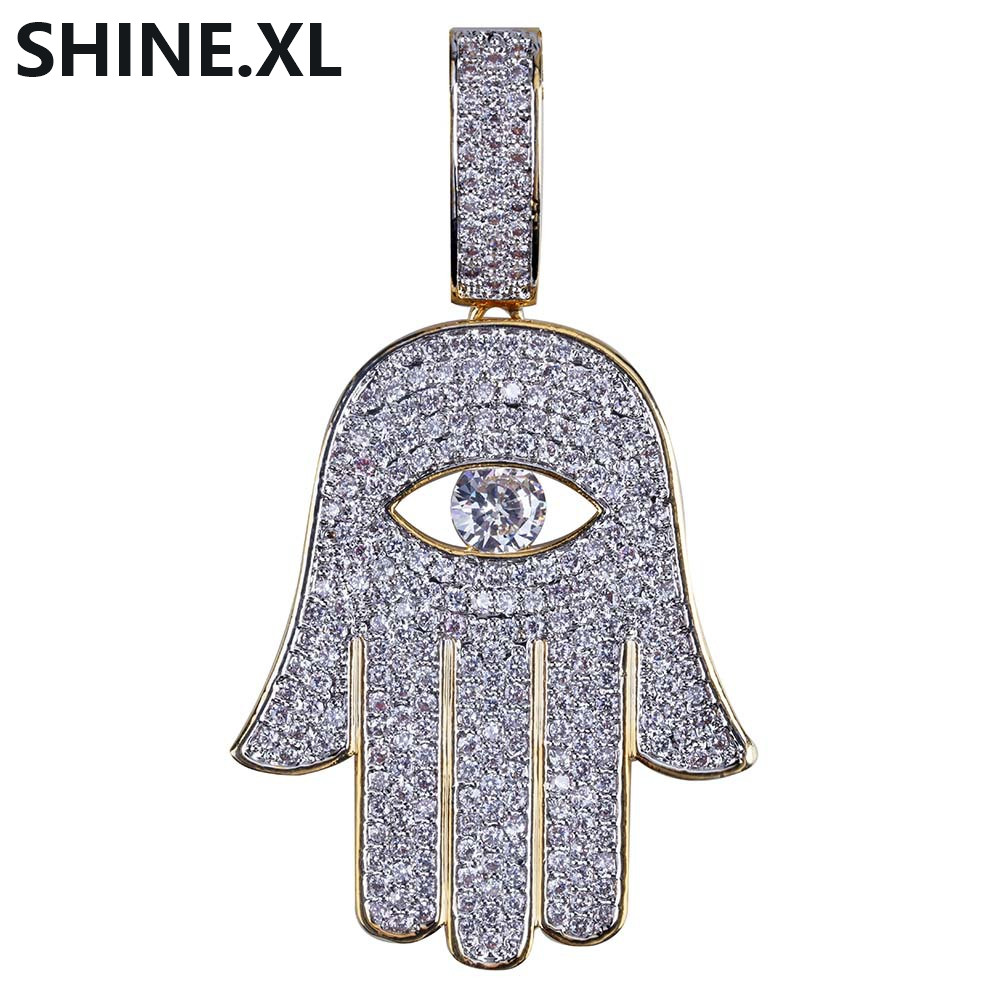 Hip Hop Evil Eye Hand Hamsa Pendant Necklace Womens Gold Color Plated Iced Out Micro Paved CZ Chain