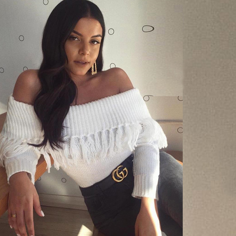 Sexy Fringe Off Shoulder Sweater 2018 Autumn Winter Fashion Pullover Female Jumpers Knit Tassel Women Sweaters and Pullovers C18111601