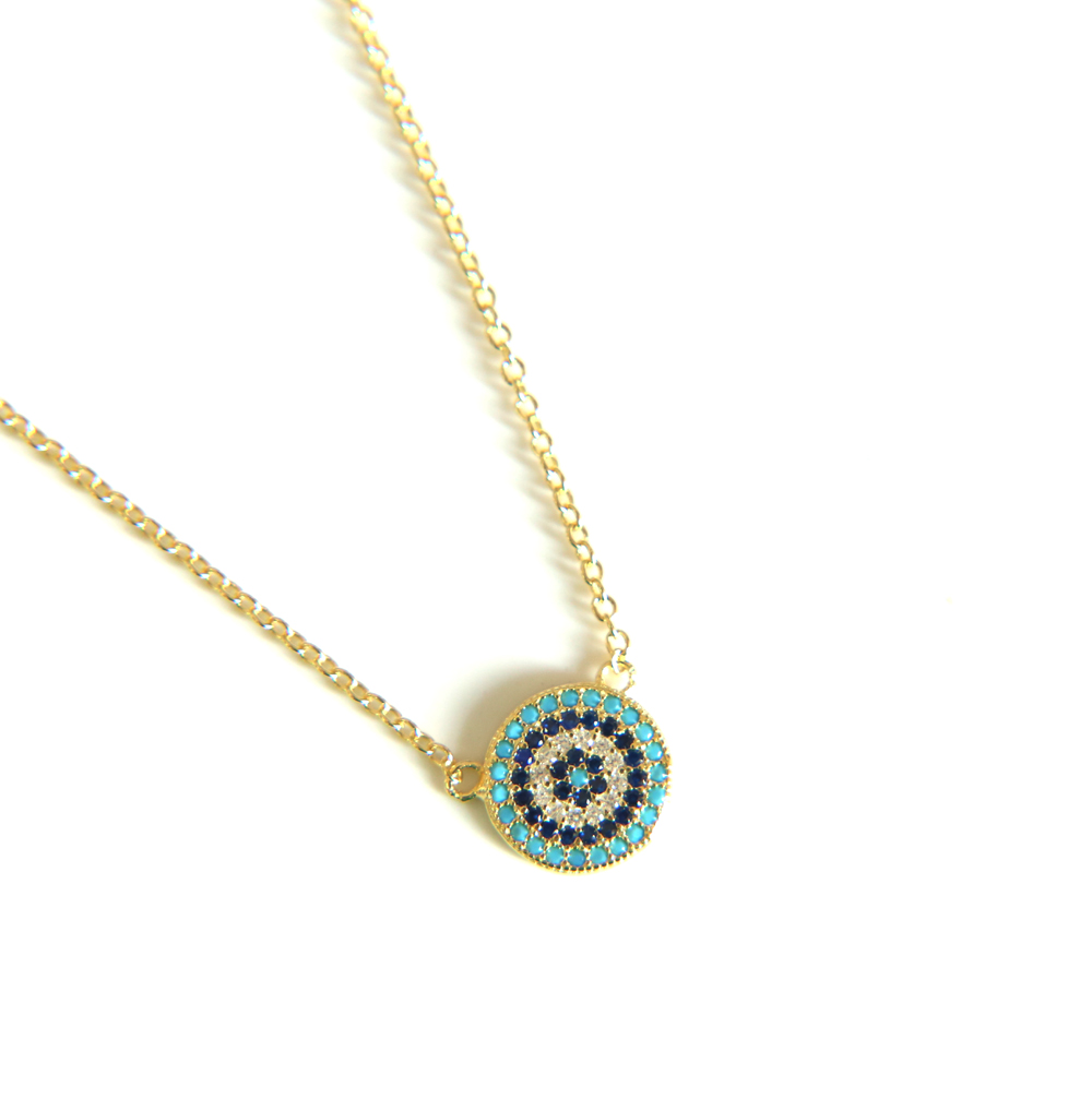 100% 925 sterling silver classic necklace round disk micro pave colorful cz turquoise evil eye charm lucky girl gift chain