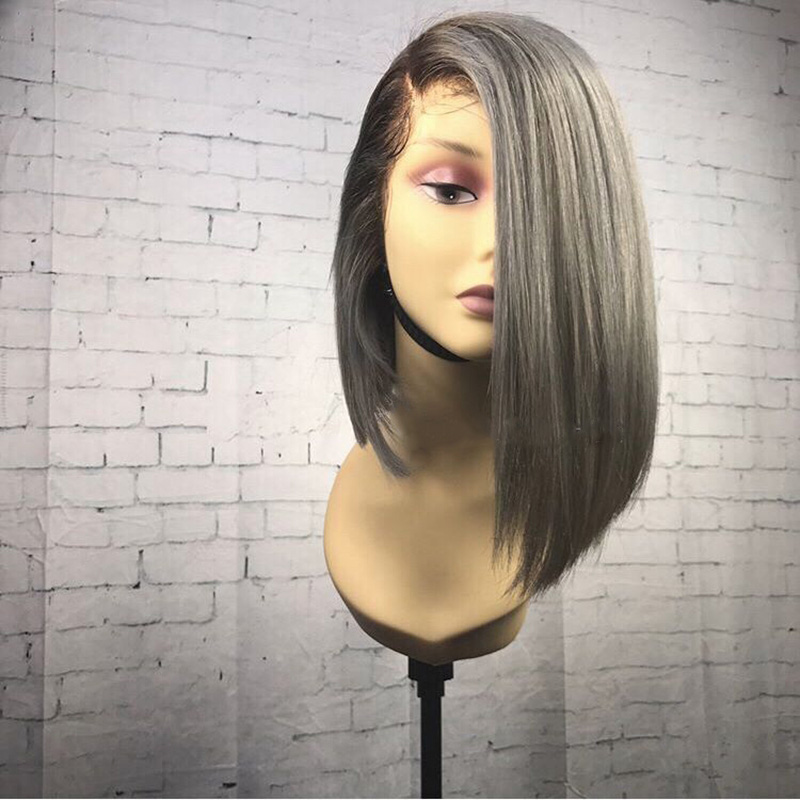 Ombre Black To Silver Grey Wig side part Bob Wig Synthetic Lace Front Wig Heat Resistant Hair Short Wigs For Women