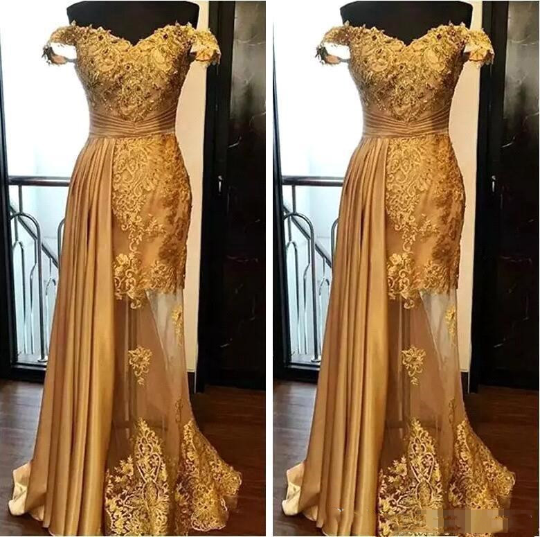 Elegant Gold Evening Formal Dresses Lace Applique Beaded Prom Dress Ruched Peplum Floor Length Off Shoulder Plus Size Special Occasion Party Gowns For