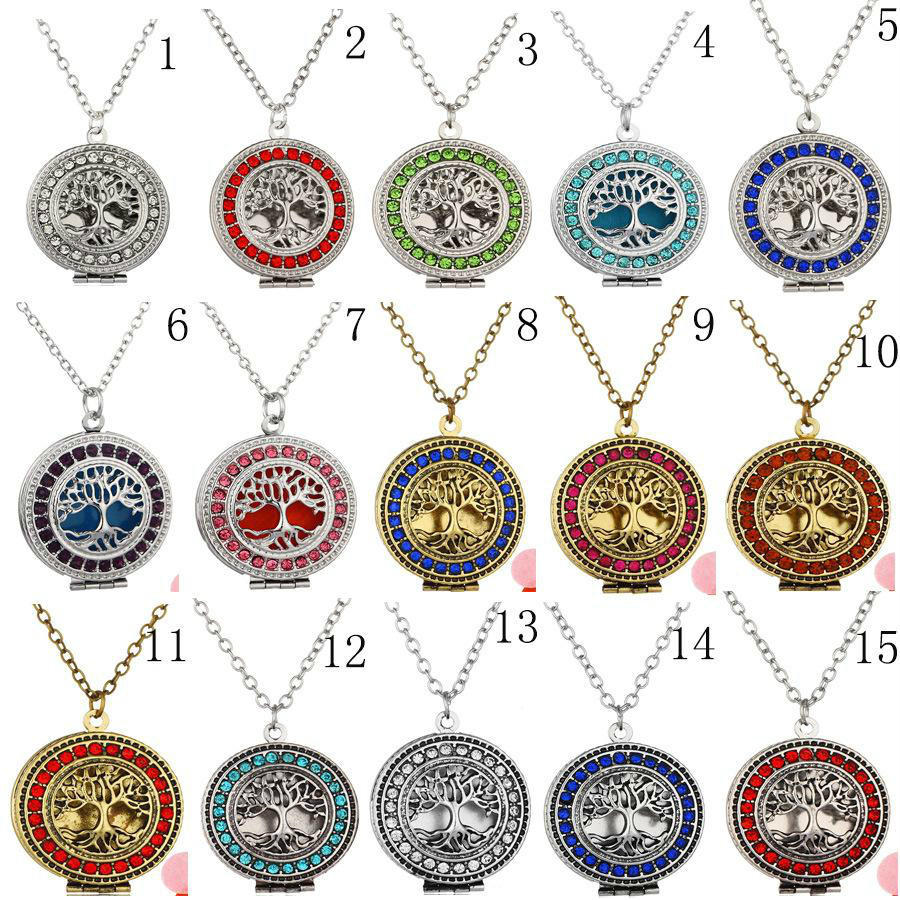 Crystal Tree Of Life Aromatherapy Essential Oil Diffuser Necklace Perfume Open Lockets Chains With Refill Pads Jewlery Women Drop Necklaces