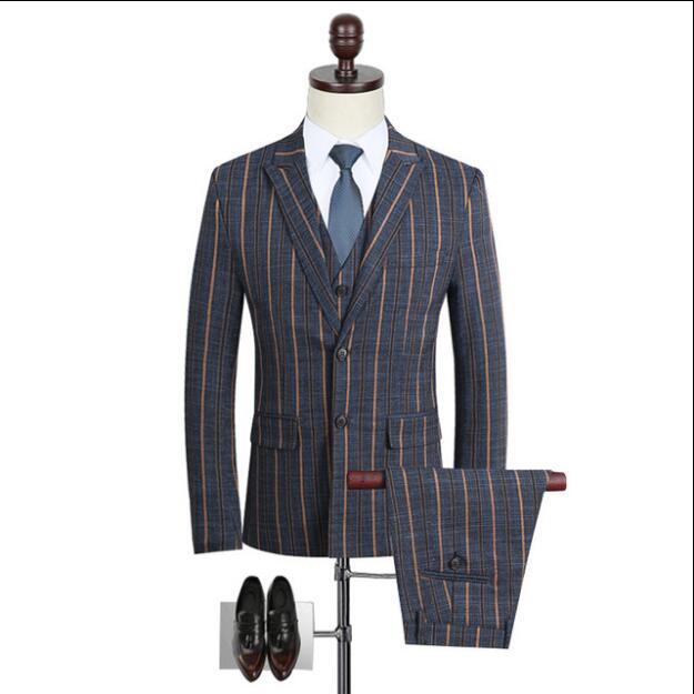 New Men's Suit Three-piece (Blazer+Pant+Vest) Business Wedding Casual Striped Suits Peaked Lapel Two Buttons Decent Trin Fit Tuxedos