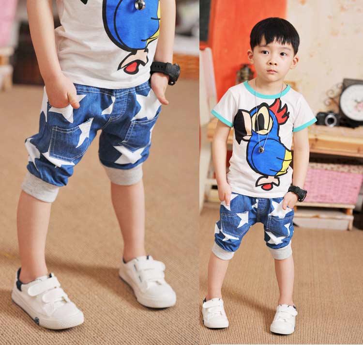 Children Elastic Waist Harem Pants Knee Length Cotton Star Print Denim Pant Blue Boys Clothing Kids Pants Summer Boys 2018
