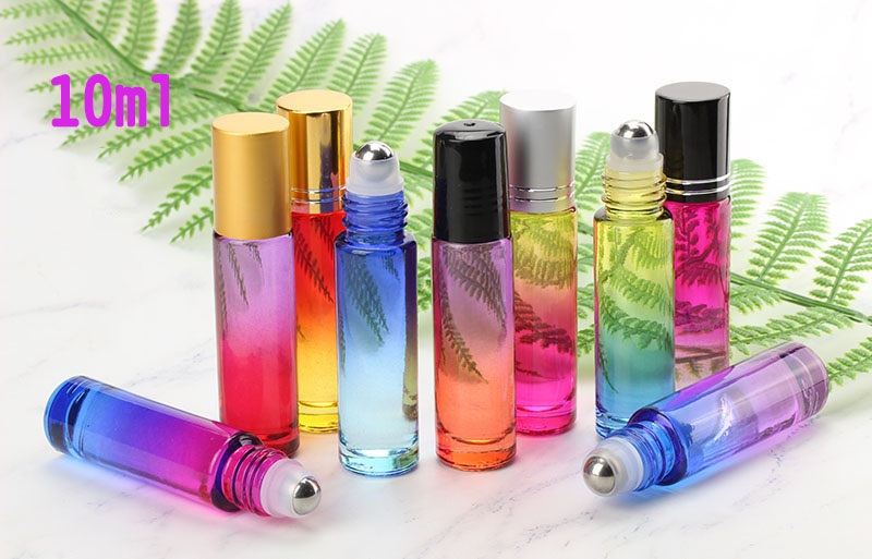 Color gradient 10 ml Glass Essential Oils Roll-on Bottles with Stainless Steel Roller Balls Roll on Bottle 9 Colors 8 caps