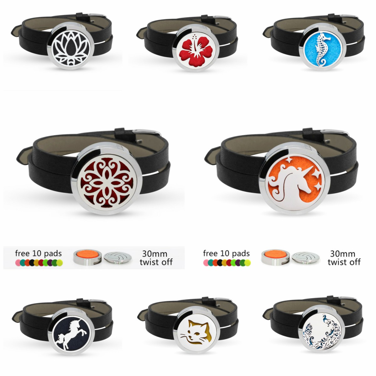 Sea Horse Unicorn Peacock 30mm Stainless Steel Essential Oil Aromatherapy Perfume Diffuser Locket Bracelet With Leather Band 10pcs Pads
Sea Horse Unicorn Peacock 30mm Stainless Steel Essential Oil Aromatherapy Perfume Diffuser Locket Bracelet With Leather Band 10pcs Pads