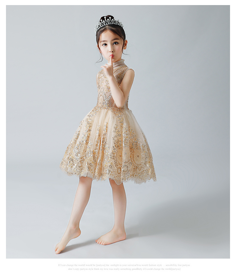 Sparkly Gold Sequined wer Girls Dresses For Weddings Beaded Short Toddler Pageant Gowns High Neck Knee Length Tulle Kids Prom Dress