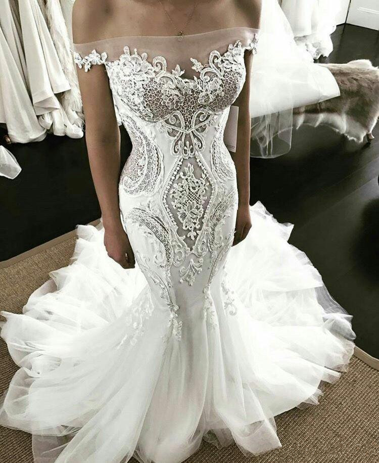 Dresses Off Mermaid the Shoulder Lace Applqiues Illusion Sexy Beach Bridal Gowns Tulle Sweep Train Wedding Dress