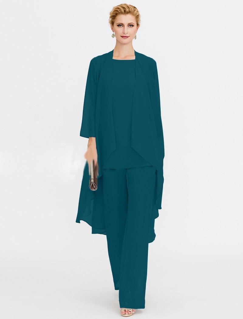 Chic Mother Of The Bride Pant Suits With Long Jacket Three Pieces Cheap Wedding Guest Groom Dresses Mothers Outfit Long Garment Dress
