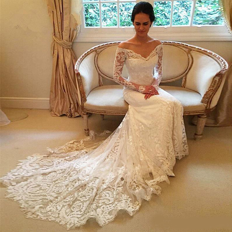2020 New Gorgeous Long Sleeve Lace Mermaid Wedding Dresses Dubai African Style Petite Natural Slin Fishtail Off-shoulder Train Bridal Gowns