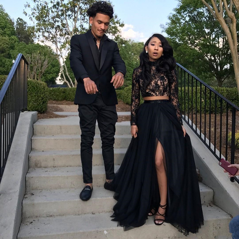 Two Pieces Black Prom Dresses Long Sleeves High Collar Lace Evening Party Gowns Side Split Tulle A Line Dress, Pink
Two Pieces Black Prom Dresses Long Sleeves High Collar Lace Evening Party Gowns Side Split Tulle A Line Dress, Pink
