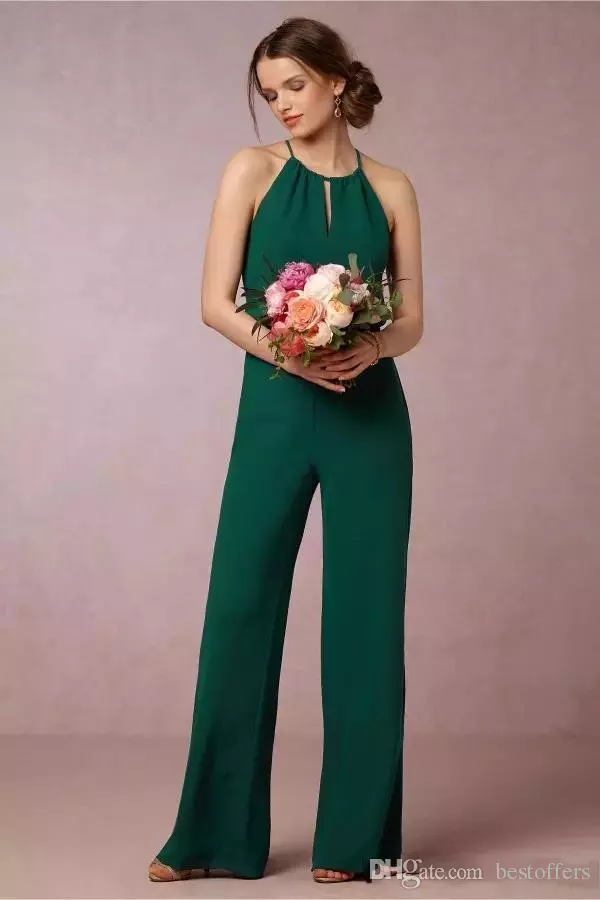Dark Green Flow Chiffon Bridesmaid Dresses Elegant Empire Waist Pant Suit Maid of Honor Gowns Wedding Guest Prom Dress
