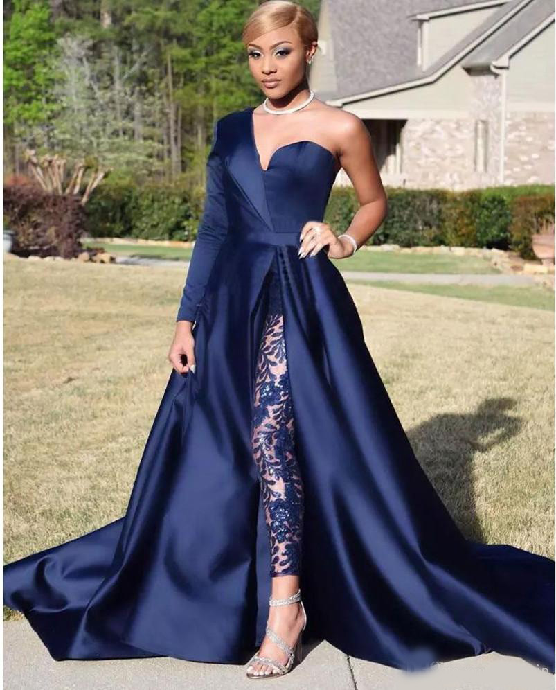 2020 Modest Blue Jumpsuits Two Pieces Prom Dresses One Shoulder Front Side Slit Pantsuit Evening Gowns Party Dress