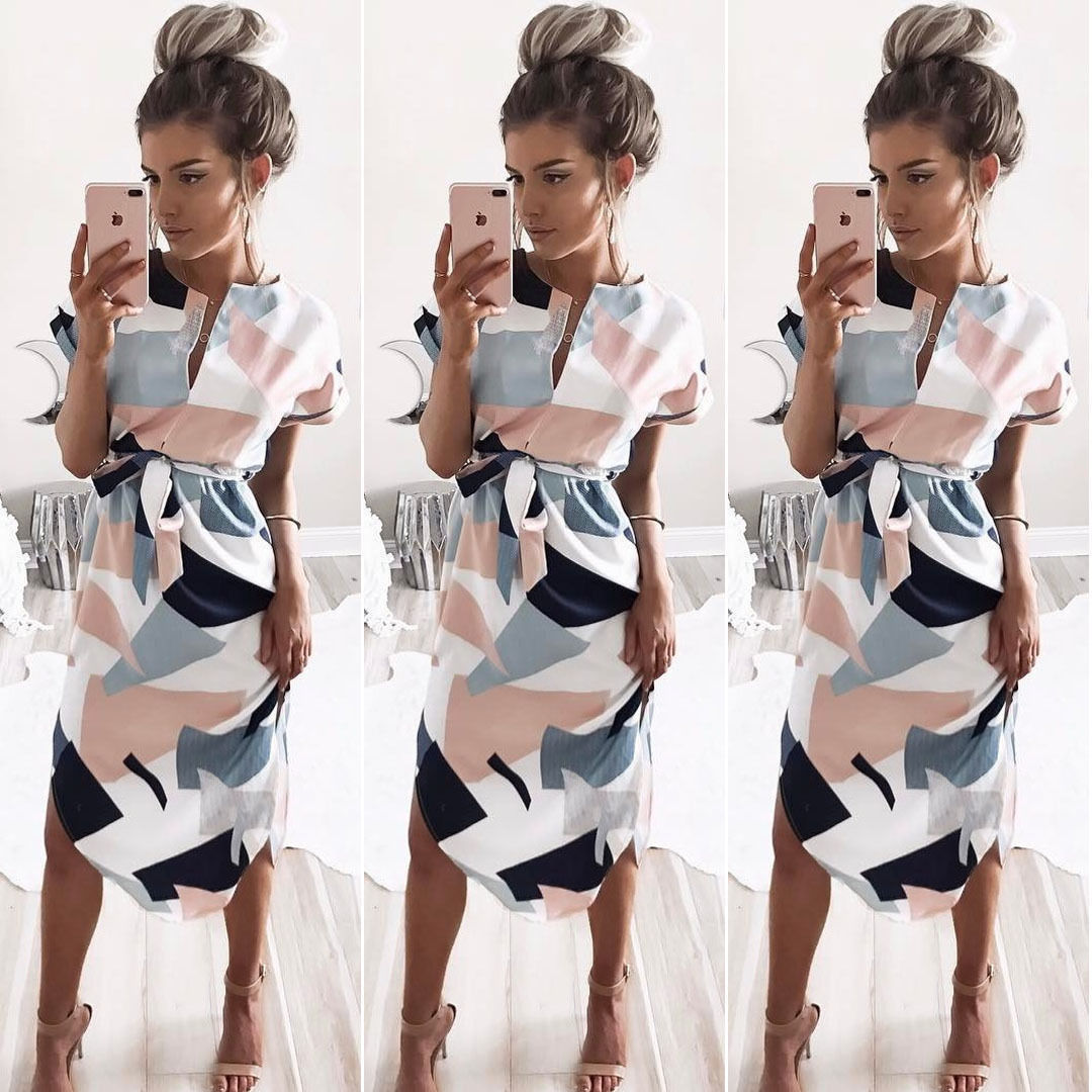 BIGGEST PROMOTION - 2018 Summer women dress V-neck Geometric Most popular dresses