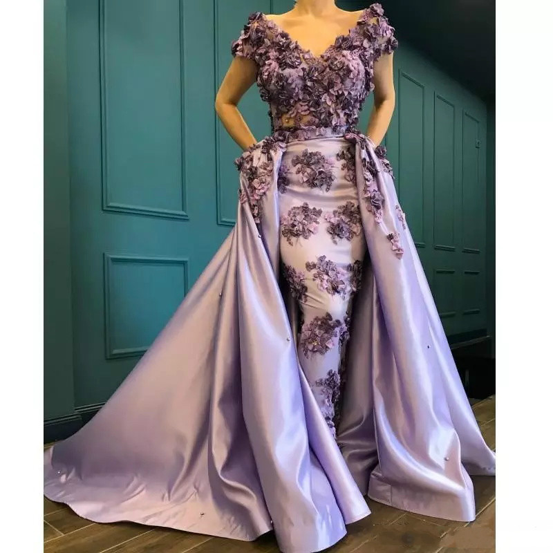 3D Floral Applique Prom Dresses With Detachable Train V Neck Short Sleeves Satin Sweep Train Mermaid Evening Dress Saudi Fomal Dress