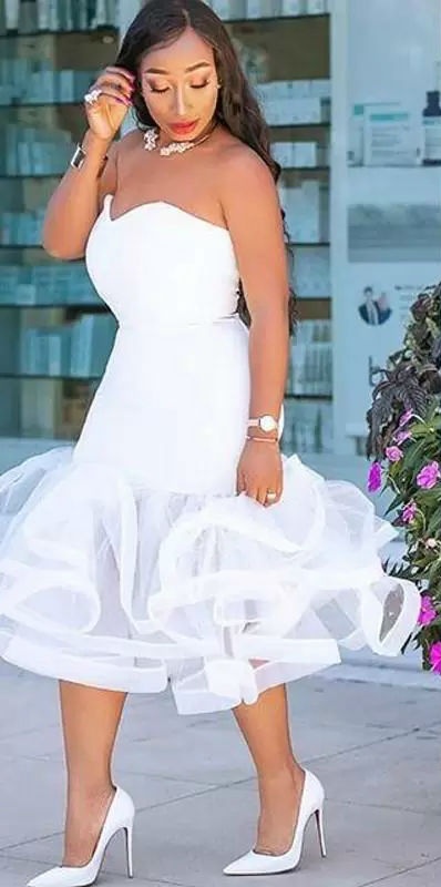 Pure White Women Short Prom Dresses Sweetheart Mermaid Tiered Ruffles Evening Gowns Tea Length Plus Size Formal Party Dresses Cheap