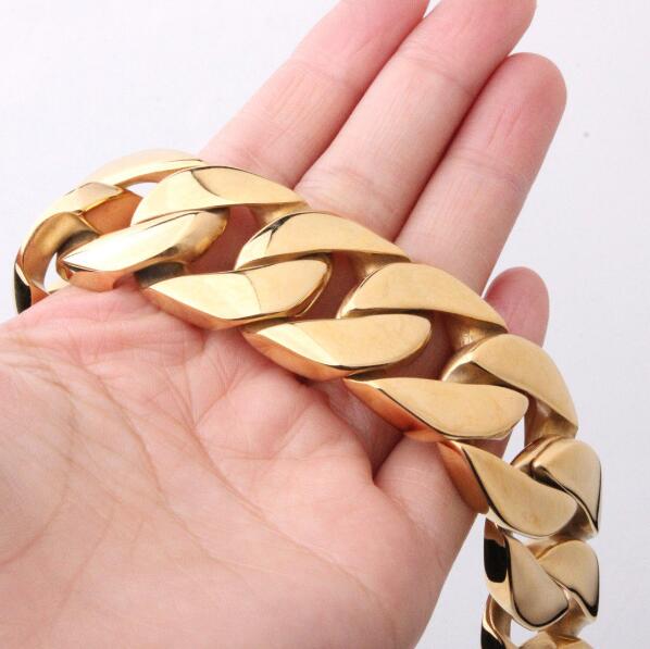 23cm (9 inch) or 21.5cm (8.5 in) Jewelry Large 316L Stainless steel jewelry Gold Miami cuban curb chain bracelet bangle Heavy Huge 26mm Mens