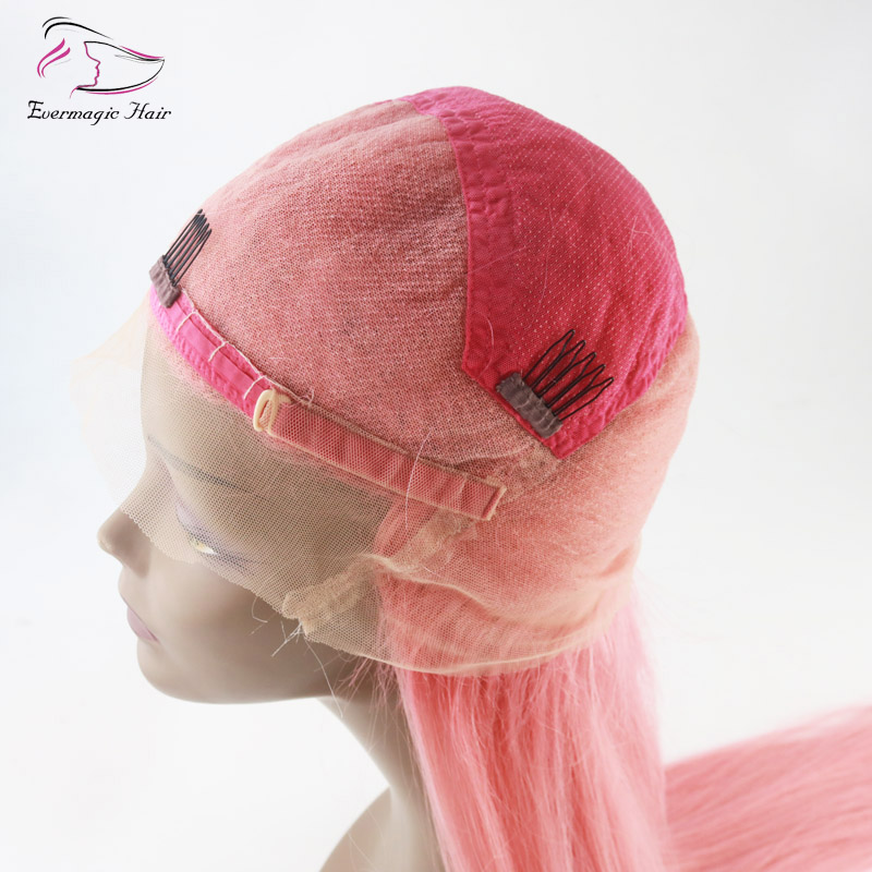 Evermagic Brazilian human hair full lace wigs light baby pink color straight silk base wig hair