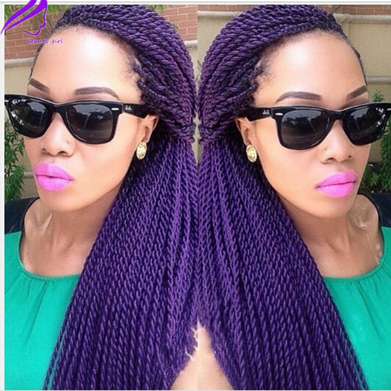Long Straight Fully hand braided Lace Front wigs purple/brown /black/blonde Senegalese Rope 2x twist Synthetic Handmade Wig For black Women