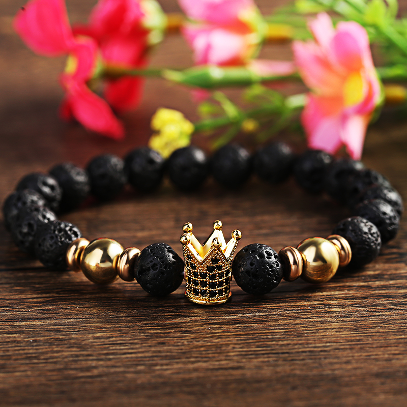 Black Lava Natural Stone Volcanic Rock Beads Strand Bracelets Trendy Gold Zircon Crown Bright Bead Bracelet Men Women Pulseras
