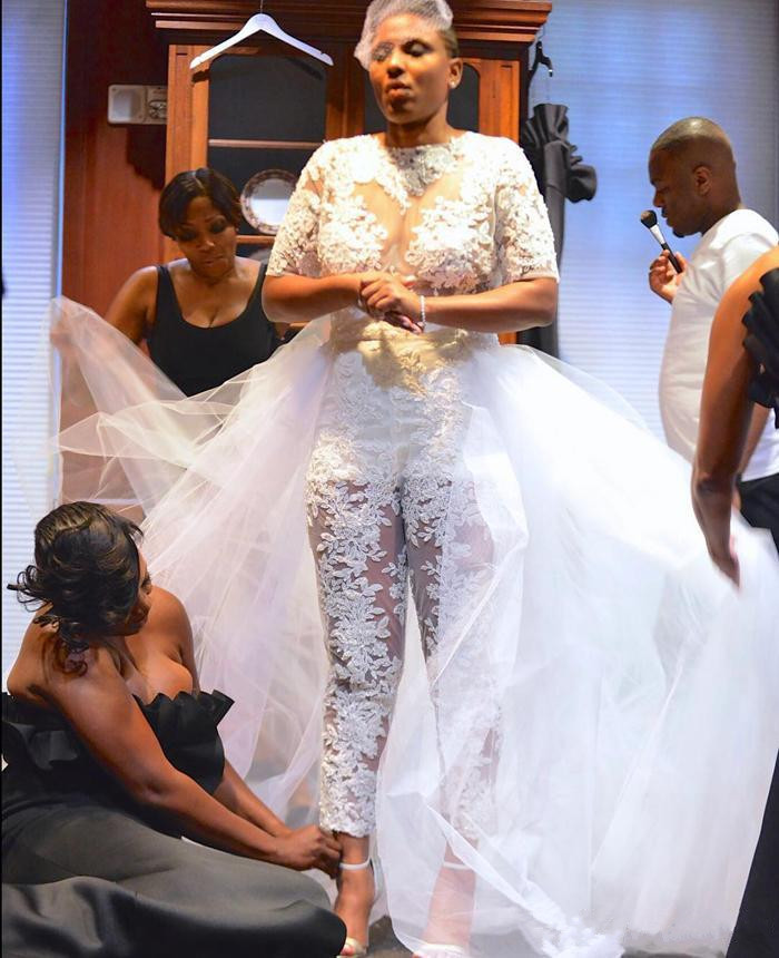 Wedding Jumpsuit Beach Dresses with Detachable Train See Through Lace Bodice Plus Size Nigerian African Bridal Gowns