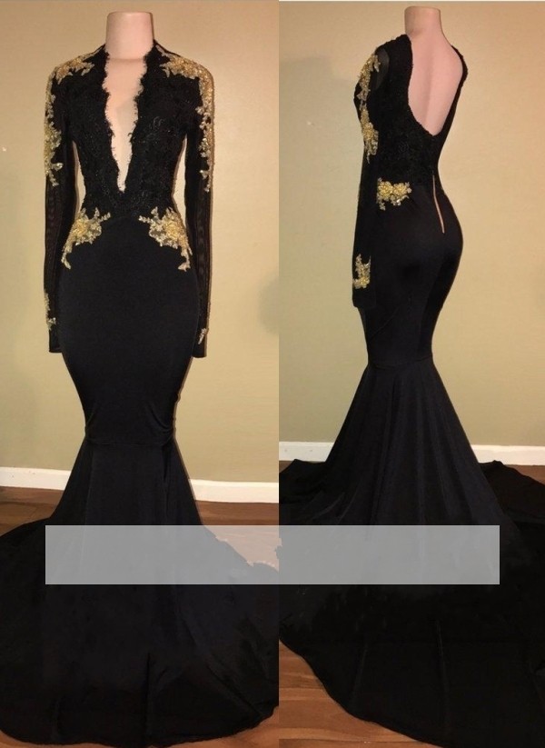 Deep V Neck Black Mermaid Long Evening Dresses Long Sleeves Backless Gold Applique Formal Evening Party Wear Prom Dresses Custom, Hunter green
Deep V Neck Black Mermaid Long Evening Dresses Long Sleeves Backless Gold Applique Formal Evening Party Wear Prom Dresses Custom, Hunter green