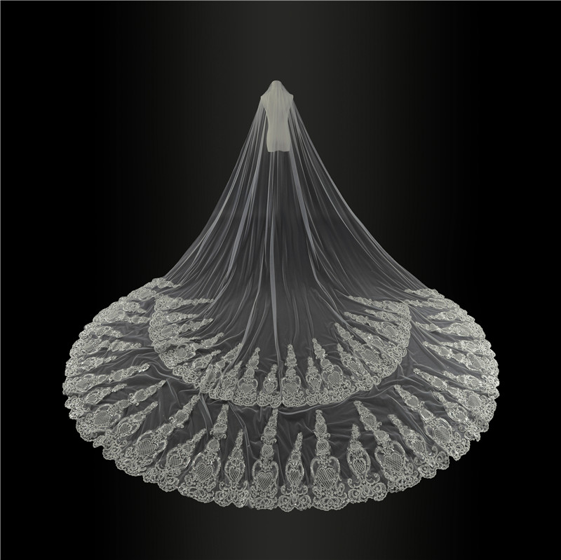White Ivory Wedding Veils Lace Appliques Sequins One Layers Cathedral Length Long Bridal Veil Custom Made Top Quality Wedding Accessories