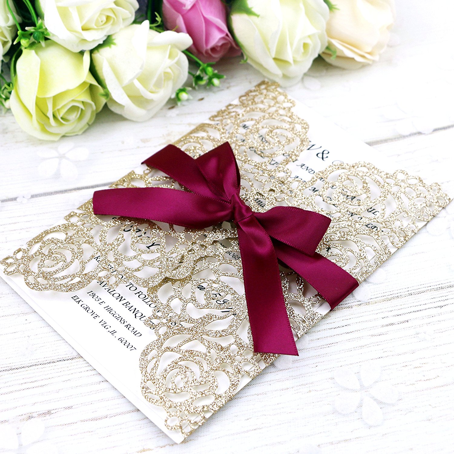 Hot Sale Gold Glitter Laser Cut Invitation Cards With Burgundy Ribbons For Wedding Bridal Shower Engagement Birthday Graduation
Hot Sale Gold Glitter Laser Cut Invitation Cards With Burgundy Ribbons For Wedding Bridal Shower Engagement Birthday Graduation