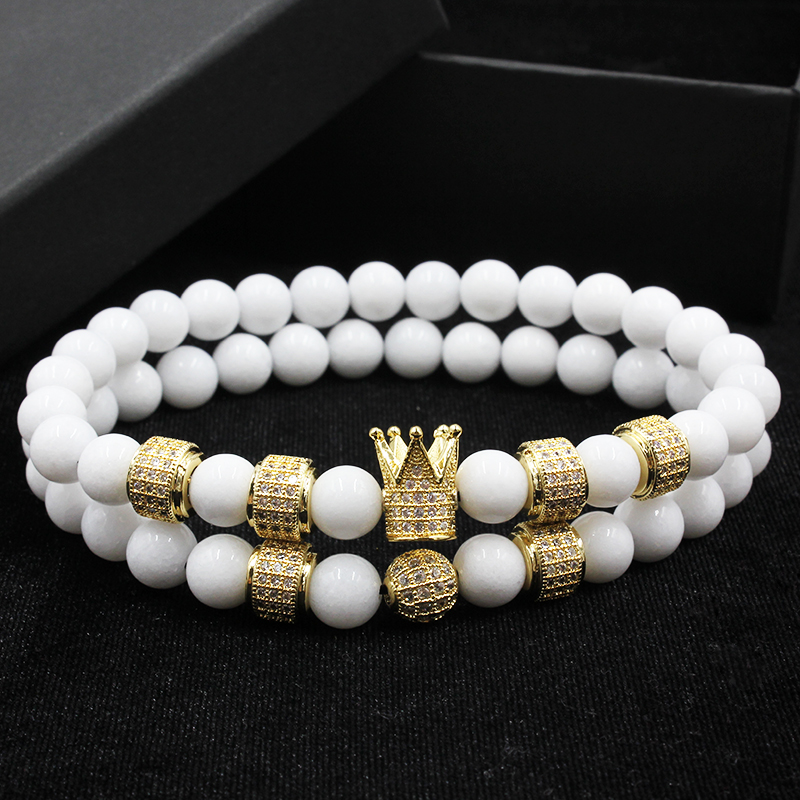 2pcs/set Uxury Fashion Crown Charm Bracelet Natural Stone For Women And Mens Pulseras Masculina jewelry Gift, holiday, valentine's day Father