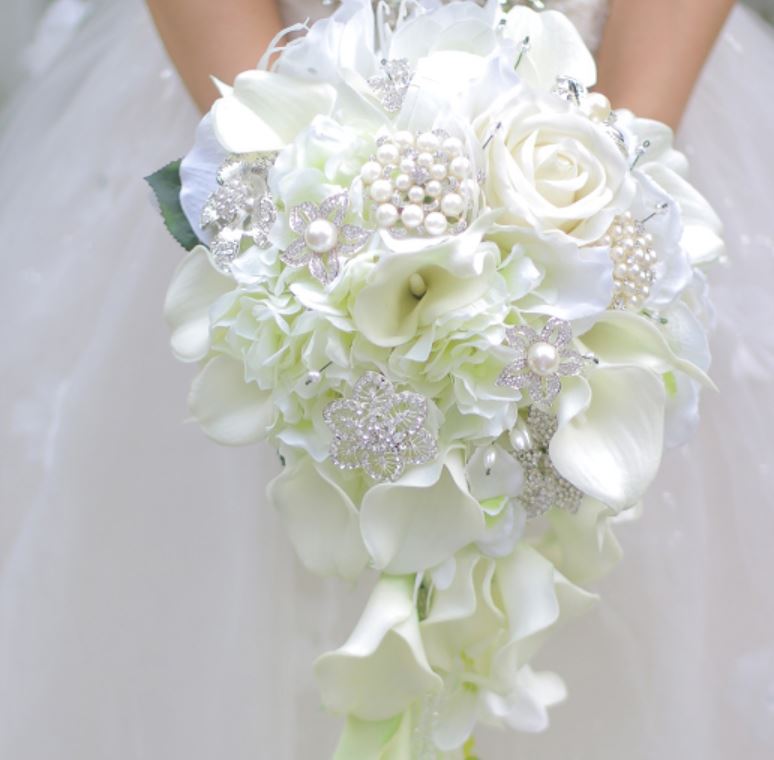 Custom drip simulation flower wedding bouquet white calla rose hydrangea DIY pearl crystal jewelry brooch bridal bouquet