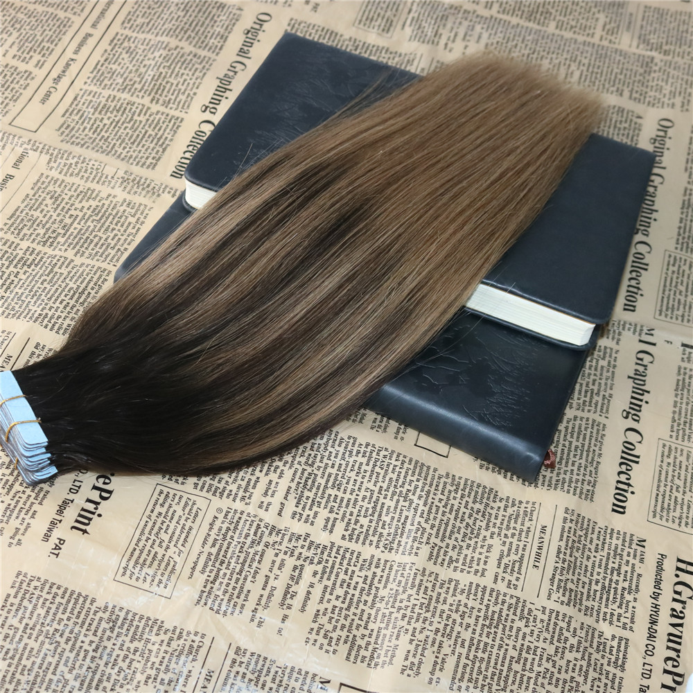 Ombre Color #2 Dark Brown fading to #6 Balayage Skin Weft Human Hair Extensions Tape in Extensons Slik Straight 40Pcs Tape on Hair