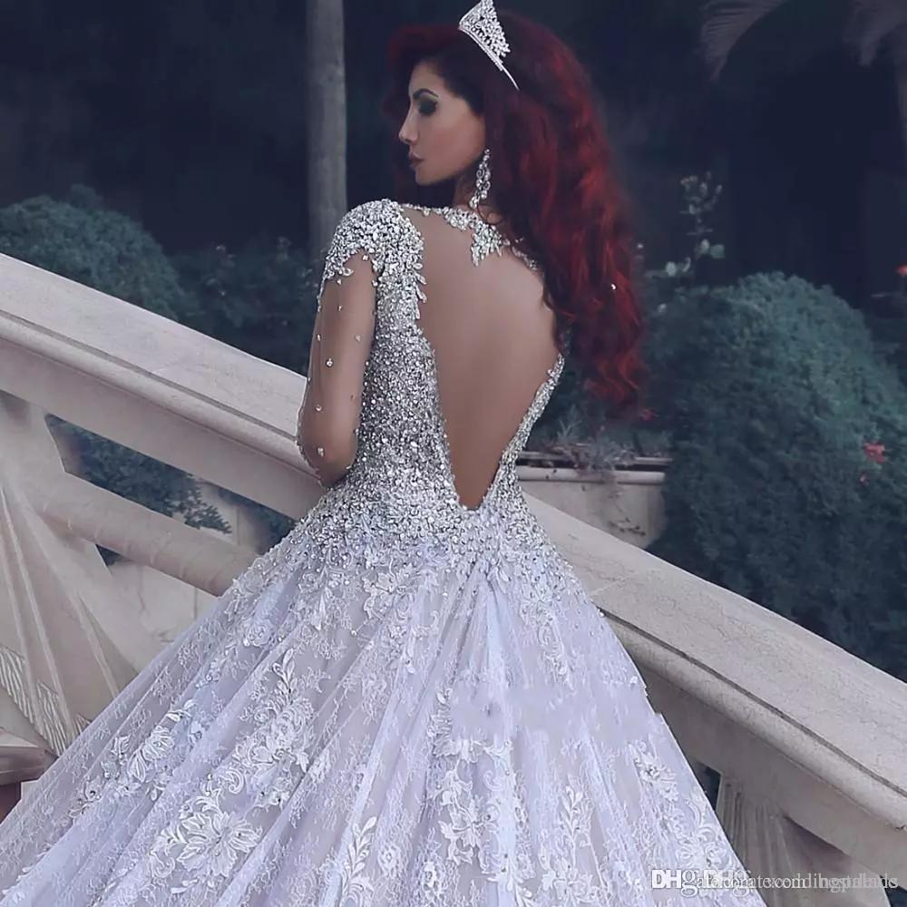 Lace Luxurious Full Dresses Beads Rhinestone Back Applique Long Illusion Sleeves Cathedral Train Wedding Bridal Gowns