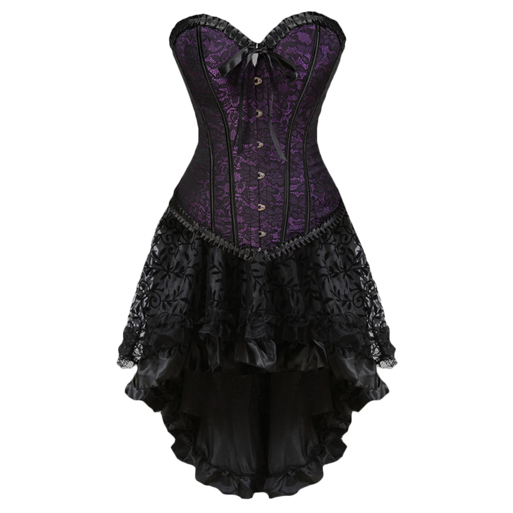 Gothic Floral Lace Up Corset Dress Showgirl Clubwear Lingerie Costume Burlesque Corset And Skirt Set Exotic W