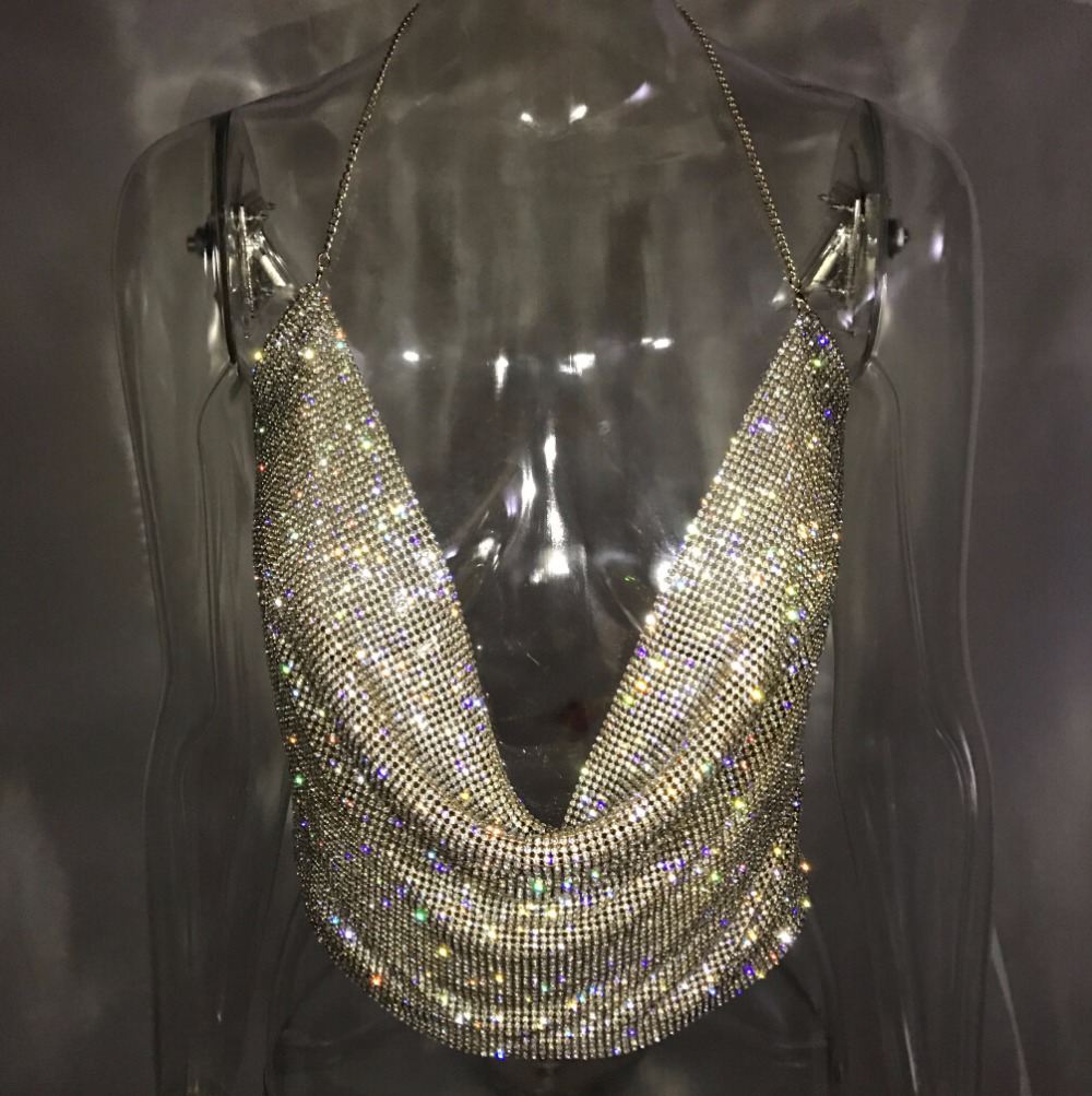 2017 Sexy Gold Plain Sparkly Sequin Draped Chain Backless Club Vest Crystal Mesh Top Womens Diamond Metal Crop Top Women Clothes