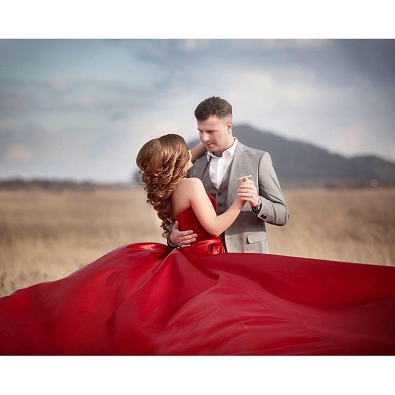 Arrival Long New Red A Line Prom Dresses Sweetheart Pleats Ruffles Court Train Formal Evening Dress Party Gowns Wear Cheap