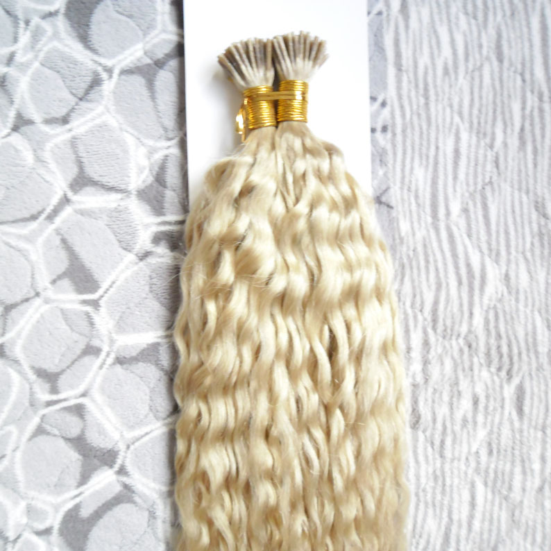 Blonde Human Hair i tip hair extensions Pre Bonded Remy Human Fusion keratin stick tip hair extensions kinky Curly Keratin Capsules 100g