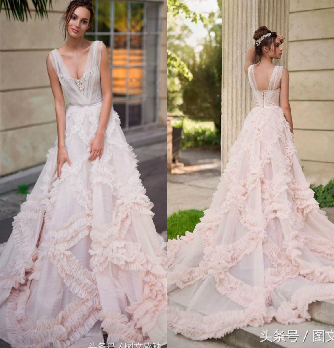 Pink Dresses V Neck A e Sleeveless Sweep Train Ruffle Boho Dress Custom Made Plus Size Bridal Wedding Gowns