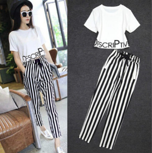 Fashion Women Lady Girls Crop Top T Shirts and Stripes Haroun Pants Outfits Set, White
Fashion Women Lady Girls Crop Top T Shirts and Stripes Haroun Pants Outfits Set, White