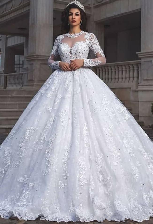 Luxury Dubai Arabic Plus Size Wedding Dresses Long Sleeves Lace Applique Illusion Jewel Neck Beads Bridal Gowns robe de mariée