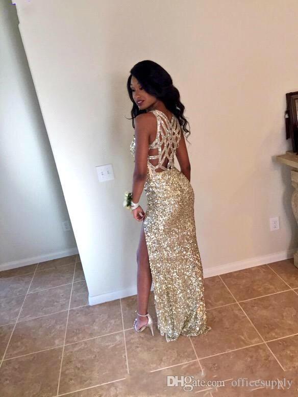 Sexy Rose Gold High Side Split Mermaid Prom Long Backless Deep V Neck Or Length Formal Dresses Evening Wear Vestidos De Fiesta Estidos 6660305