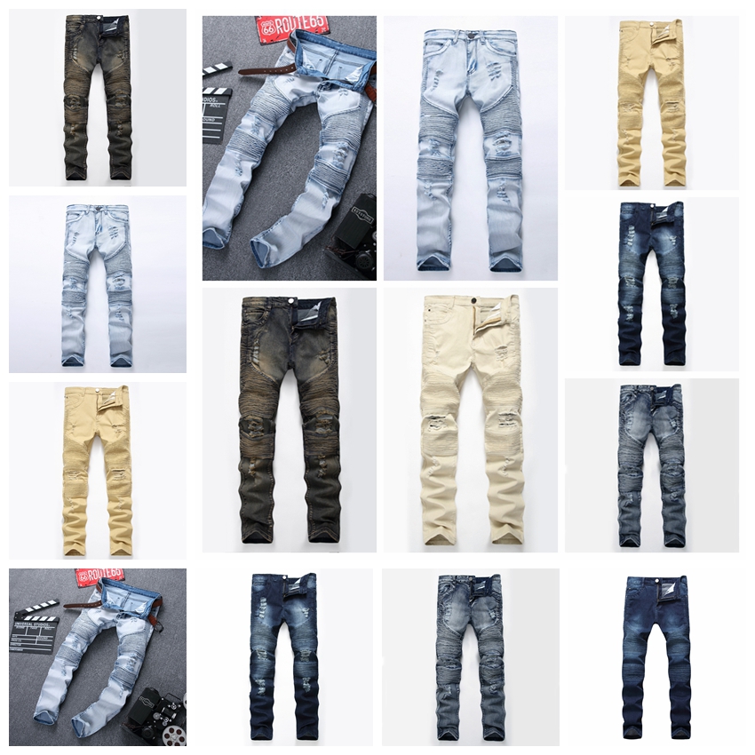 European street tide brand motorcycle personality wrinkle Slim pants high-elastic hole tide jeans support mixed batch