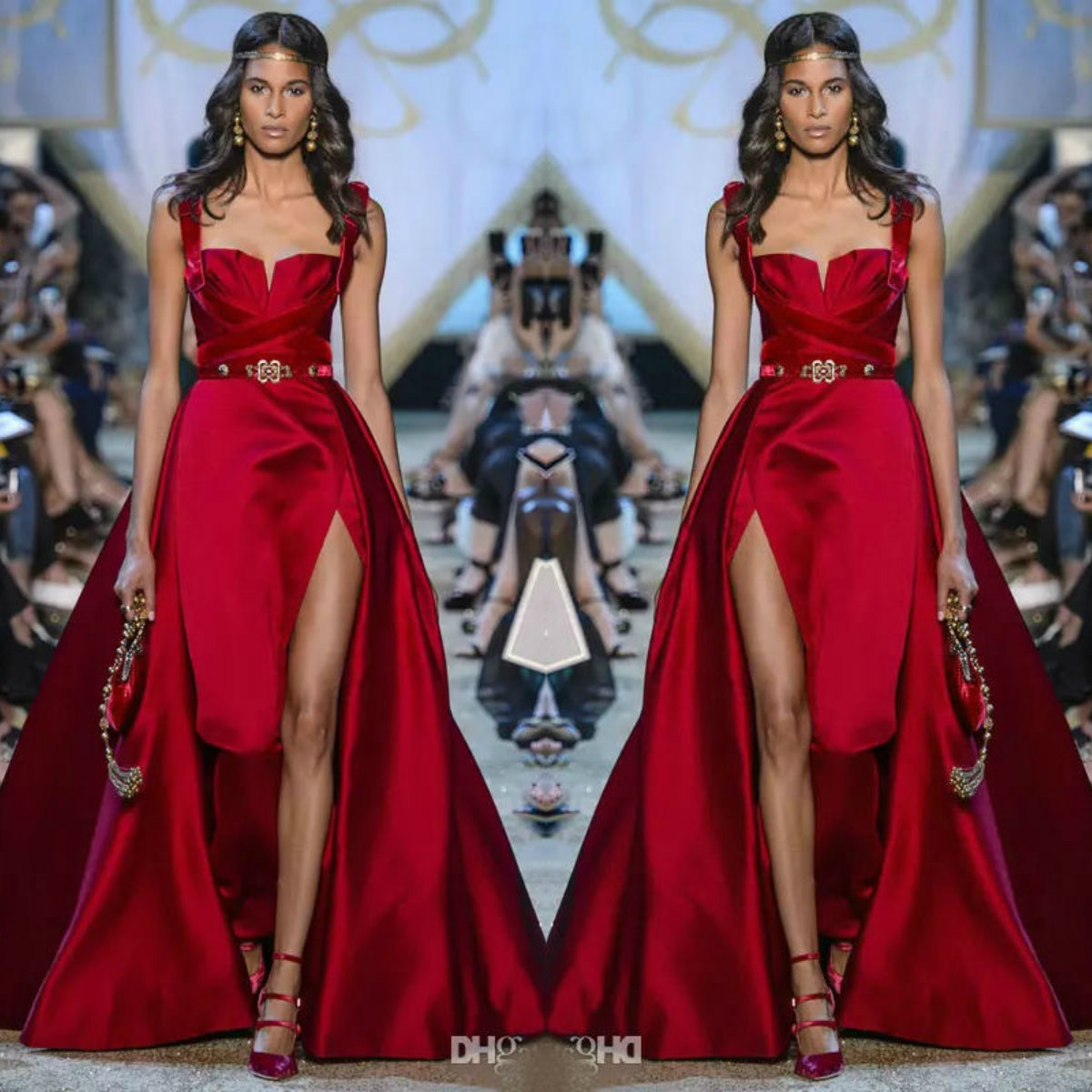 Elie Saab Red Prom Dresses Sweetheart Side Split Evening Gowns with Detachable Train Customized Satin Formal Dresses