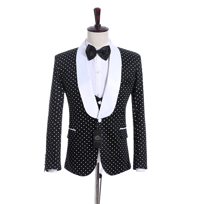 Excellent Black white point Groom Tuxedos One Button Side Vent Groomsmen Blazer High Quality Men Business Prom Suit(Jacket+Pants+Tie+Vest)