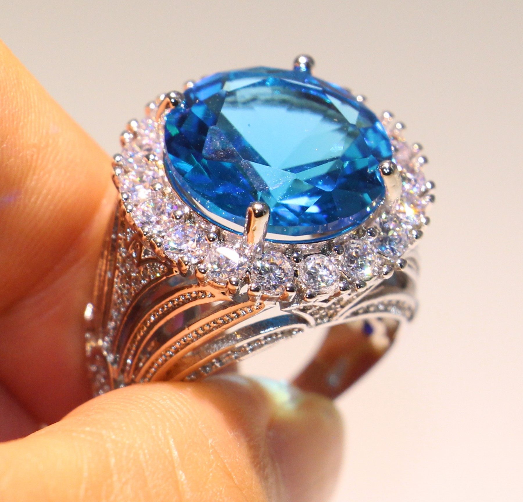 Size 6-10 Drop Shipping Jewelry Sterg Sier Big Aquamarine CZ Crystal 12CT Women Wedding Eternity Finger Ring For Lover Gift